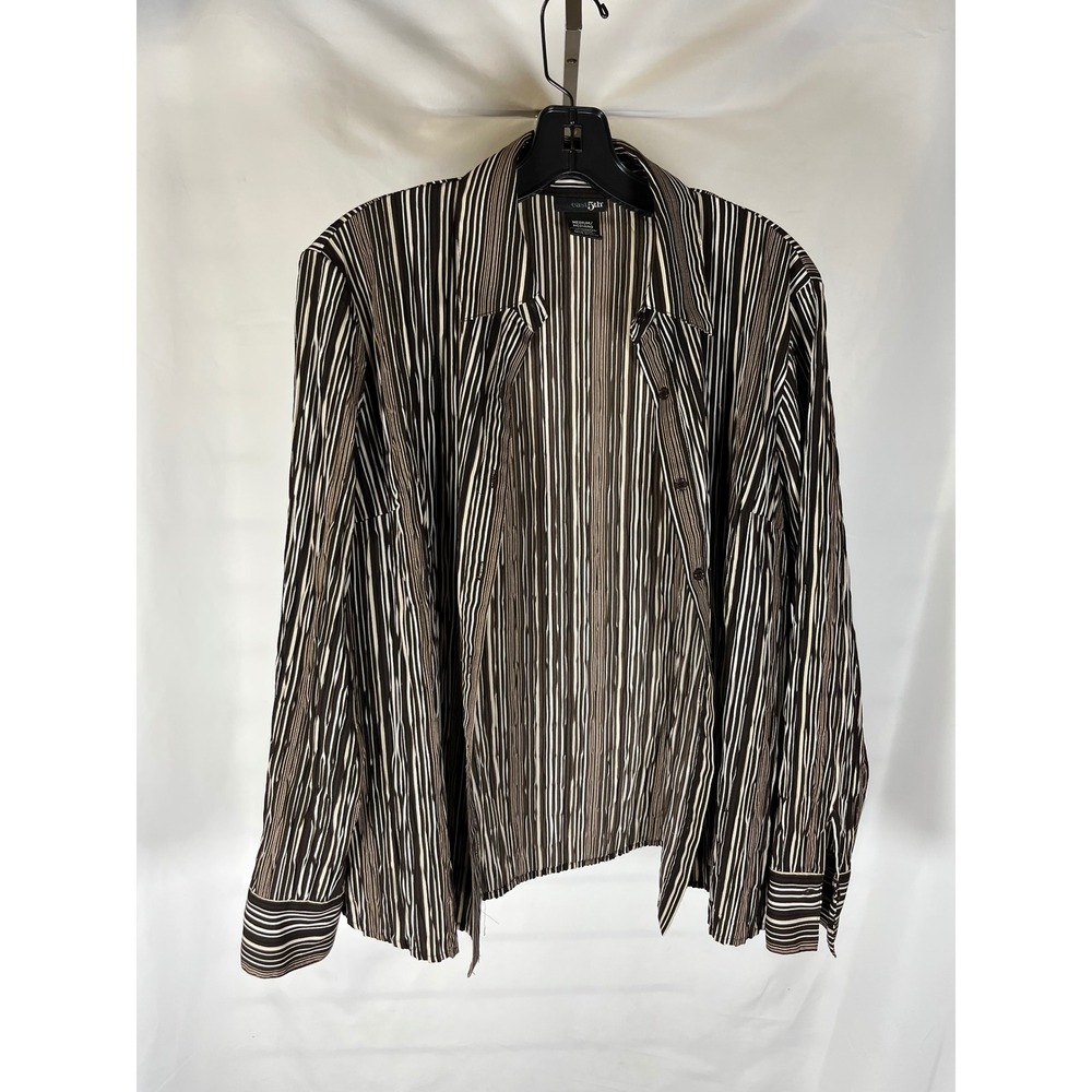 East 5th Womens Brown Striped Long Sleeve Button Down Shirt Medium Office Casual